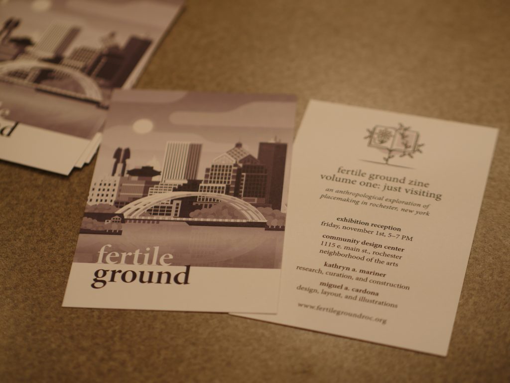 invitation cards for the november gallery reception featuring an illustration by miguel of the rochester skyline